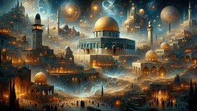 The primary subject of the image is a cityscape with a large, ornate building, possibly a mosque, as the focal point. The setting is a nighttime cityscape with a starry sky, creating a serene and magical atmosphere. The visual style is a digital art or illustration, showcasing intricate details and a vibrant color palette. The colors and mood of the image are predominantly warm and inviting, with the starry sky adding a touch of wonder and enchant